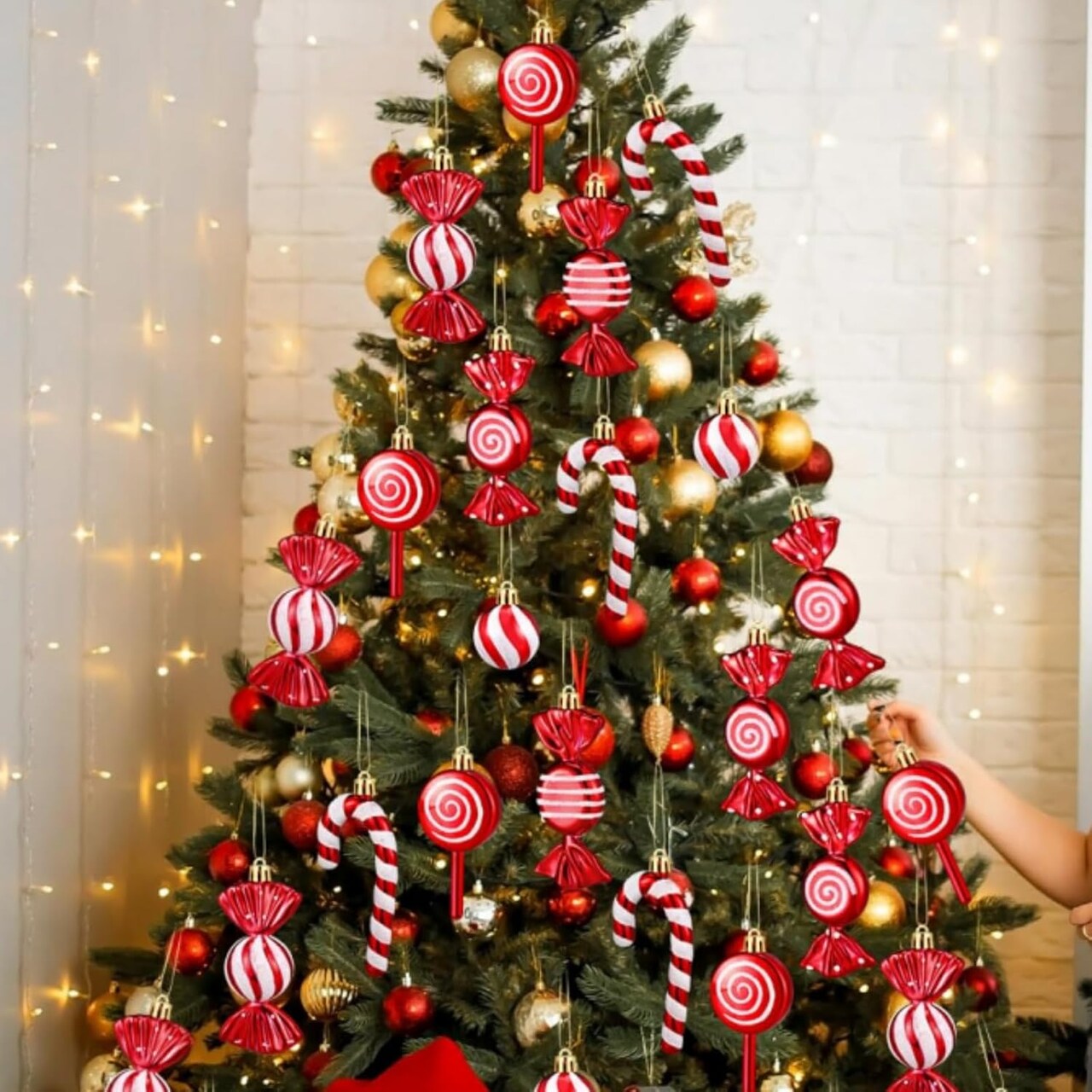 36 Pcs Red and White Christmas Ornaments, Shatterproof Plastic Red Christmas Ornaments for Tree - Candy Cane Christmas Decorations Candies Christmas Ball Ornaments for Xmas Tree Party Decoration